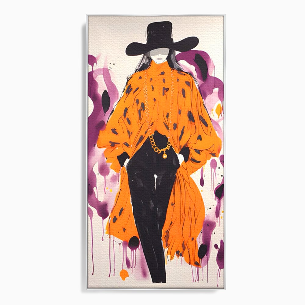 Tablou canvas cu ilustratie fashion cu femeie in costum portocaliu, in rama de aluminiu argintiu